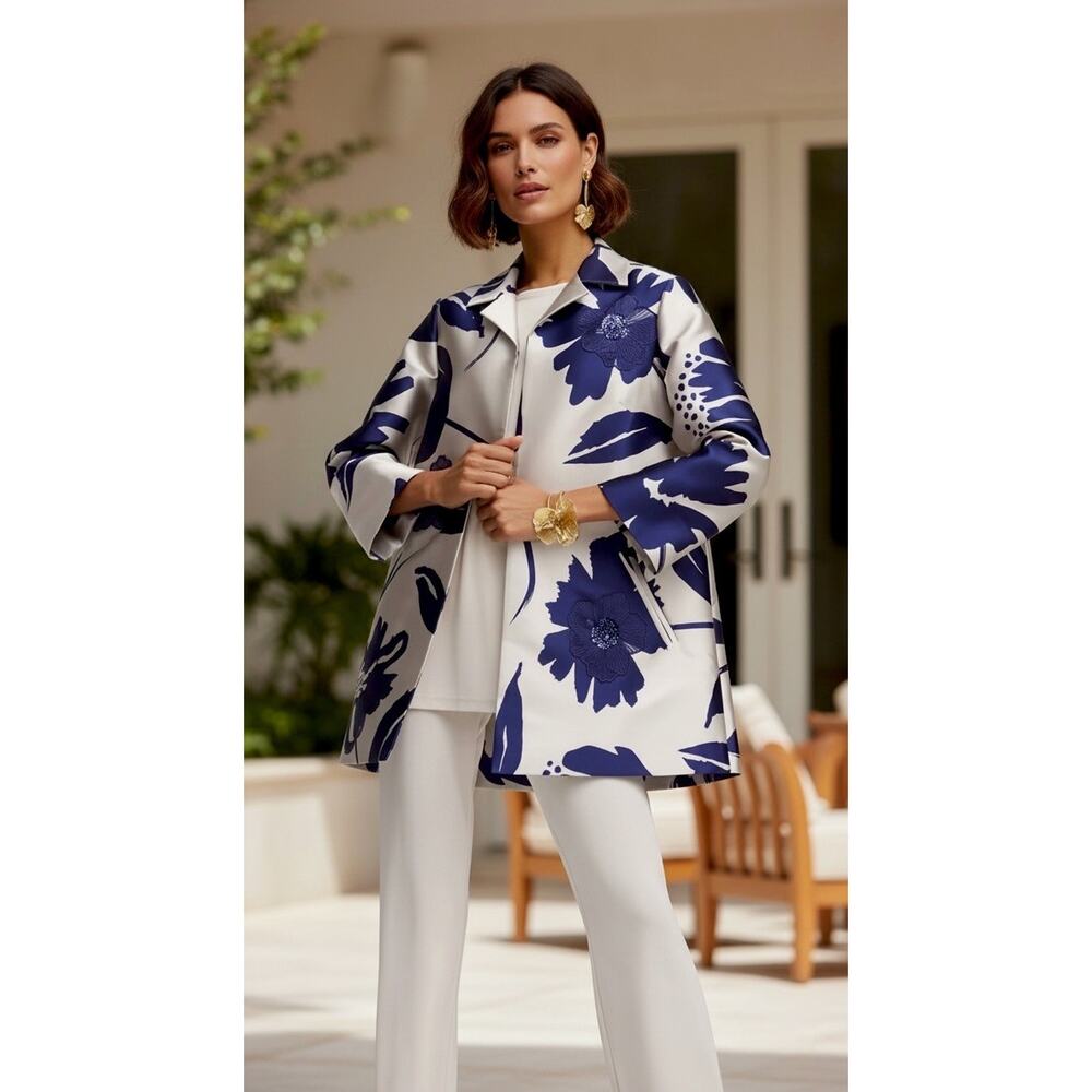 NWT Chico’s Size 3 or XL TRAVELERS JACQUARD FLORAL JACKET BLUE CASA Retail $189